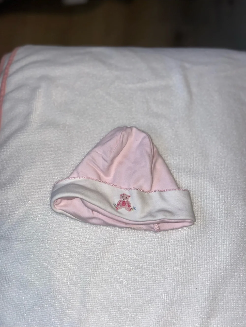 Mud Pie Pink and White Baby Beanie with Bear Accent